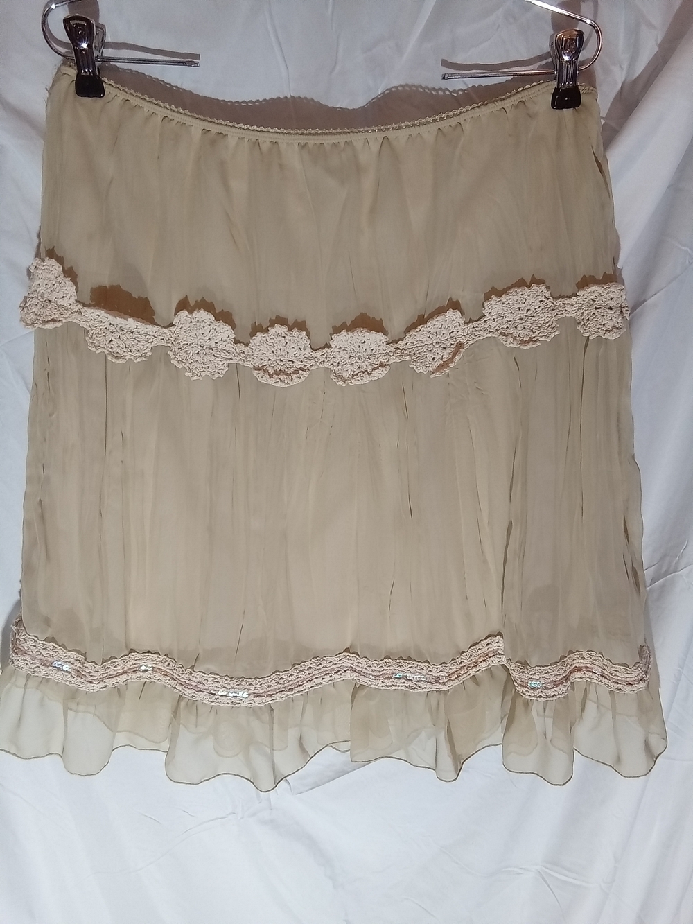 Born In America Women's Beige Layered Chiffon Mini Skirt with Crochet Trim 12/14